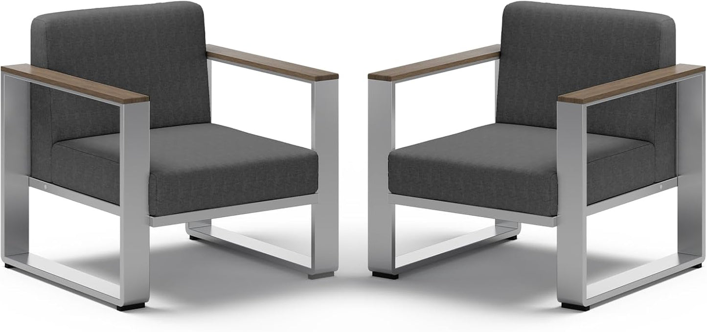 Aluminum Outdoor Patio Furniture, 2 Pieces Armchairs, All-Weather Metal Modern Outside Single Sofa for Deck, Porch (LightGray)