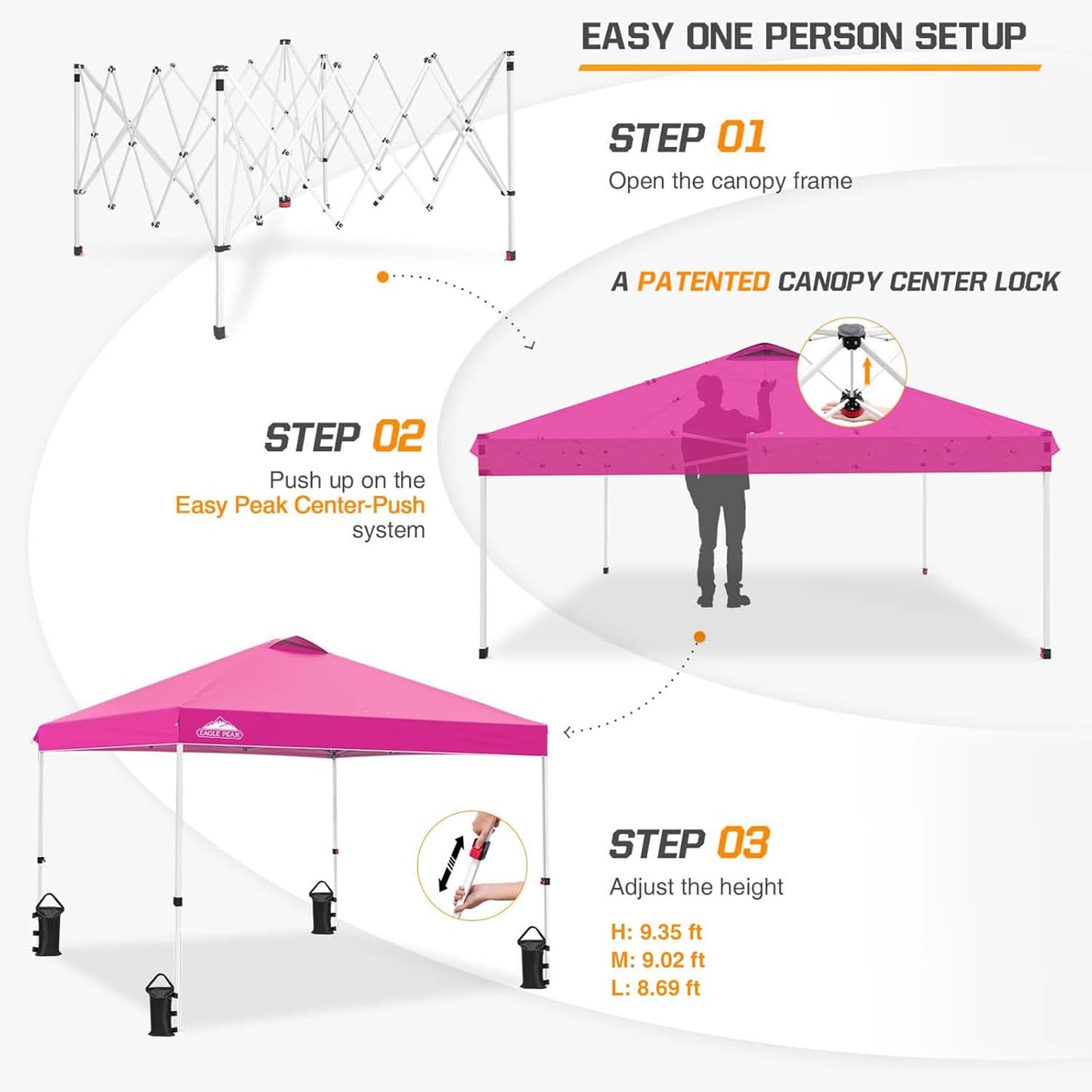 EAGLE PEAK Pop Up Canopy Tent with Wheeled Carry Bag, 8 Stakes, 4 Ropes, 4 Weight Bags, Easy Set Up Tent Canopy, 10x10 ft, 100sqft of Shade, Pink