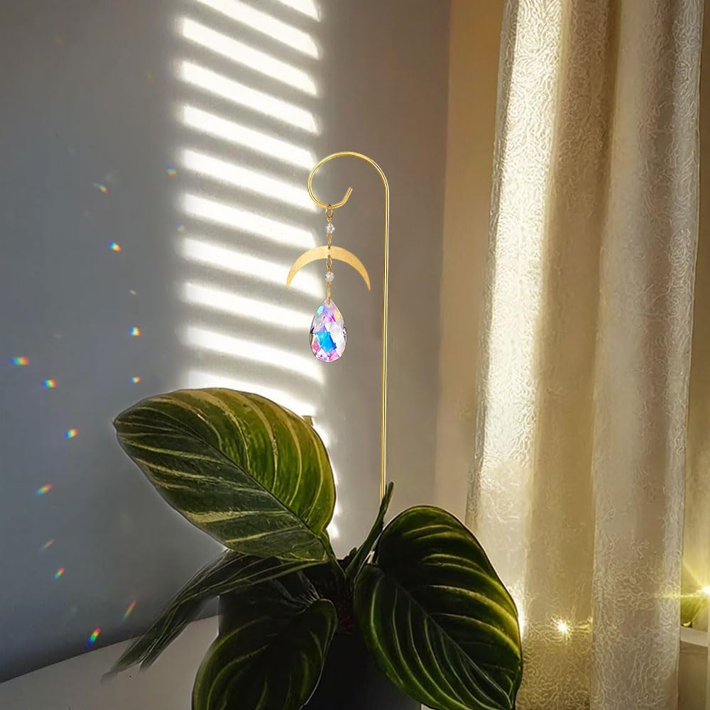 HDCRYSTALGIFTS 6PCS Small Trellis with Crystal Sun Catchers for Potted Plants, 13.5inch Fairy Garden Plant Stakes Suncatchers for Mini Potted Indoor Outdoor Decorations (Sun & Moon Styles)