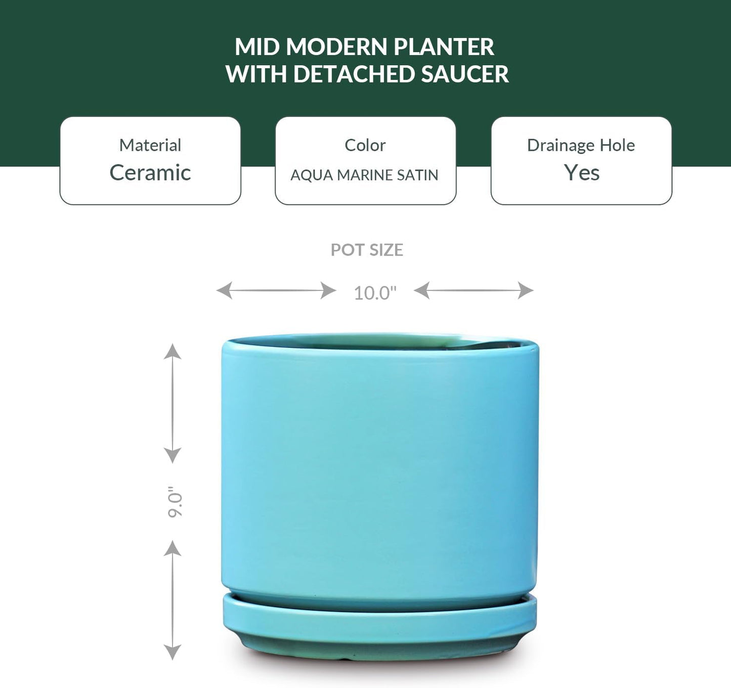 Mid Modern Planter with Detached Saucer (Aqua Marine Satin,10.0" D x 9.0" H)