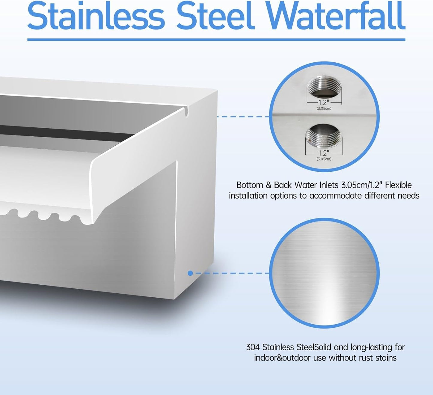 Pool Fountain Stainless Steel Pond Waterfall Spillway Kits for Indoor/Outdoor Decorative, 36 Inches Pool Water Feature for Garden Patio, Backyard Koi Pond Decor(No LED Light)