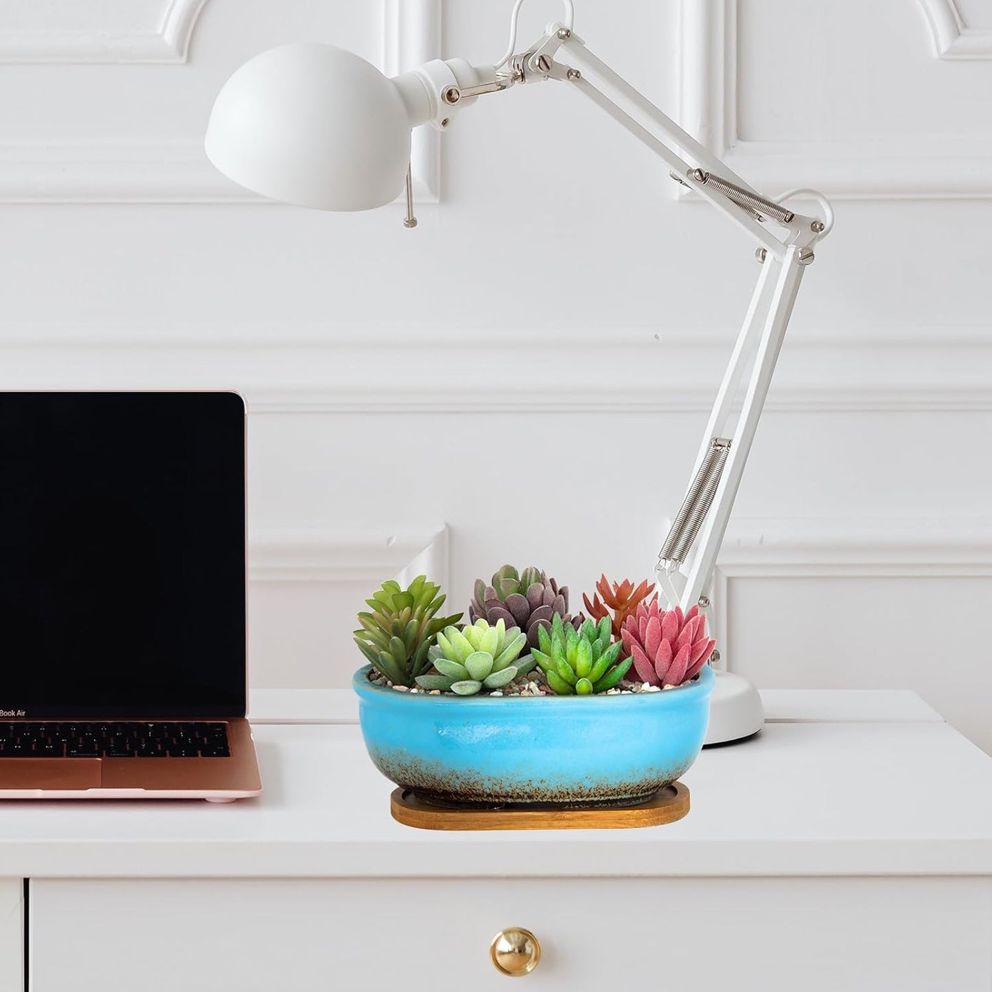 Succulent Pots, 7.9 Inch Long Rectangular Succulent Planters with Drainage Tray, Shallow Planters for Indoor Plants Ceramic Cactus Pots Glazed Bonsai Flower Plant Container for Home Windowsill Decor