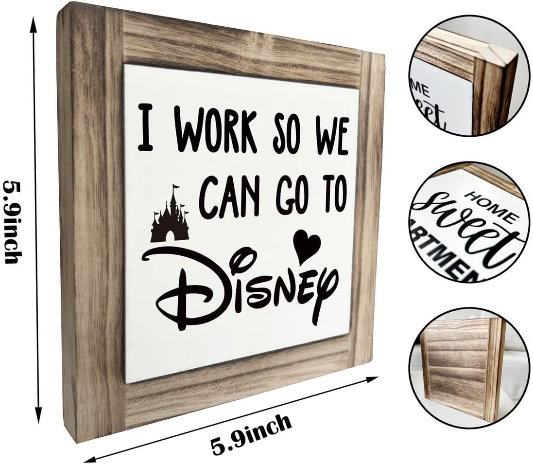 Inspirational Wood Signs, Box Wood Plaques Desk Décor, Decorative Plaques and Signs, Rustic Office Decor Art, Motivational Office Desk Decor, Farmhouse House Decoration, I Work So We Can Go to Disney
