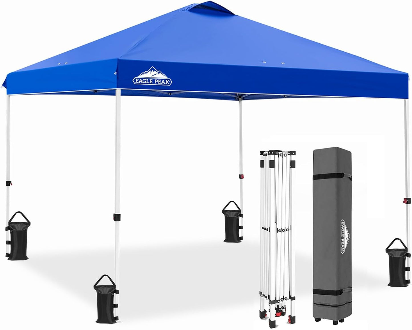 EAGLE PEAK Pop Up Canopy Tent with Wheeled Carry Bag, 8 Stakes, 4 Ropes, 4 Weight Bags, Easy Set Up Tent Canopy, 10x10 ft, 100sqft of Shade, Blue