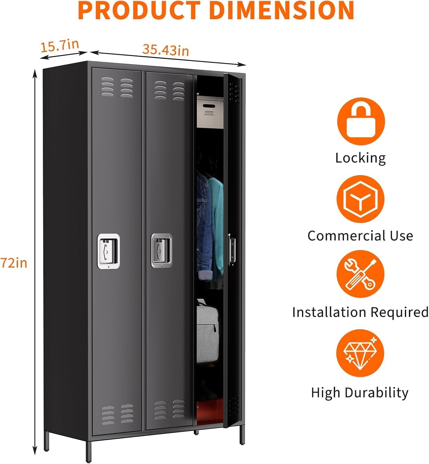 3 Doors Metal Lockers for Employees with 6 Hooks, Black Steel Storage Locker Cabinet, 72" Tall Lockers for Offices School Gyms Home Bedroom