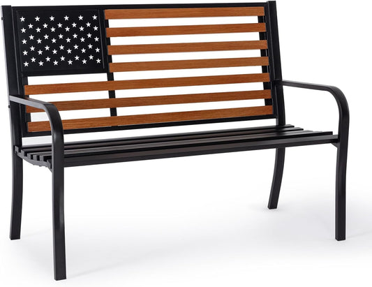 𝐀𝐭𝐭𝐥𝐢𝐚𝐬𝐚𝐥𝐨𝐧 50” Outdoor Bench Garden Bench with American Flag Style, Sturdy Cast Iron Metal Frame Patio Park Bench for Porch Yard Lawn Deck Park