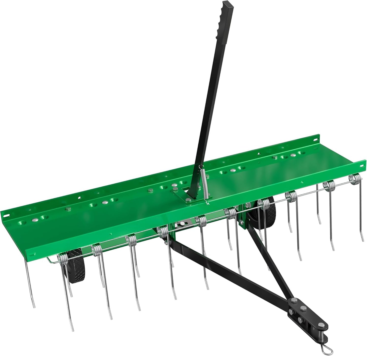 48 Inch Green Tow Dethatcher with 24 Spring Steel Tines, Pull Behind Dethatcher for Outdoor Yard Care, Garden Farm Grass Tractor Rake to Remove Thatch, Leaves and Needles from Large Lawn Areas