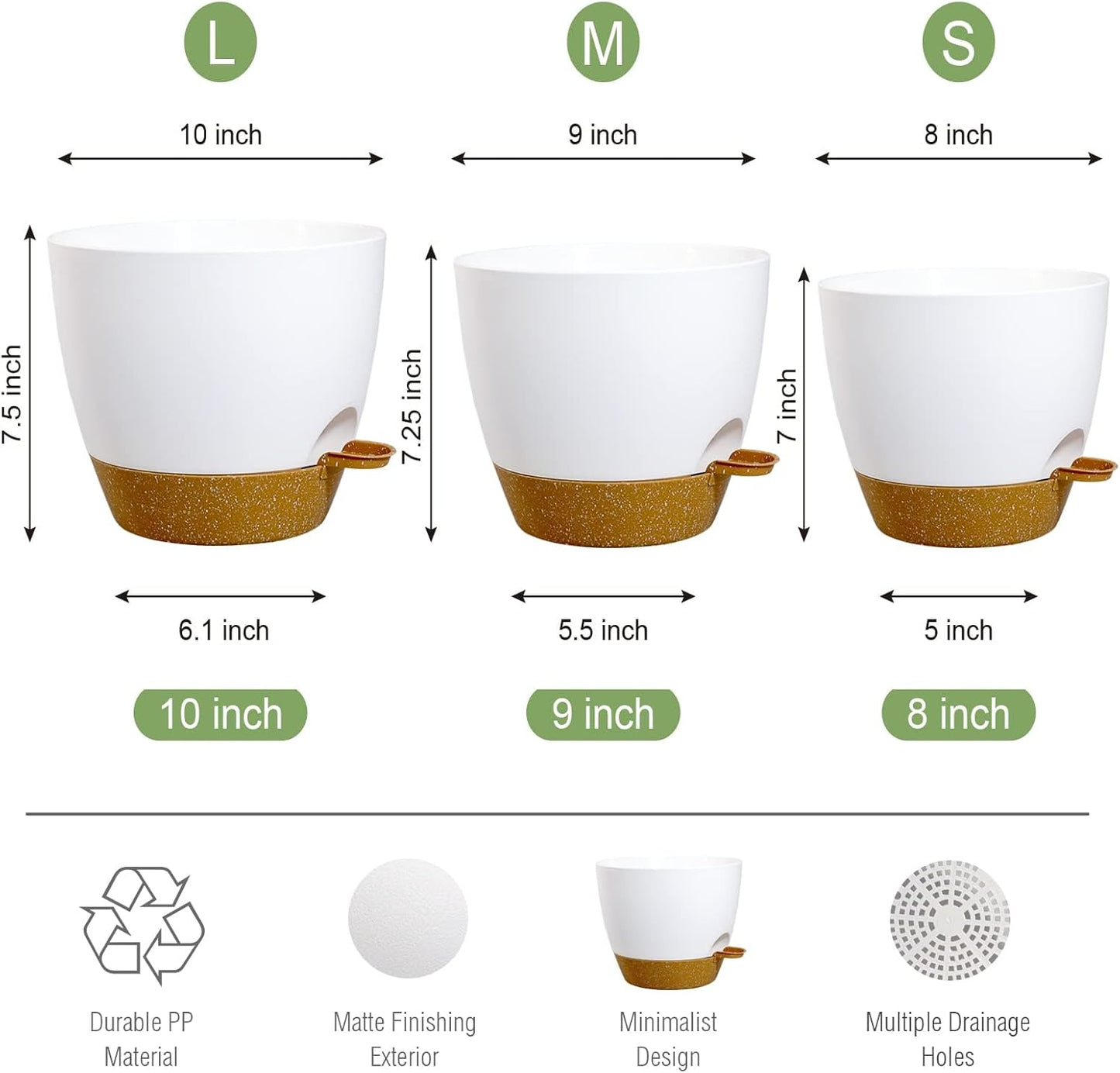 10/9/8 inch Self Watering Pots, Set of 3 Plastic Planters with Mesh Drainage Holes and Deep Reservoir for Indoor Outdoor Garden Plants and Flowers, White with Brown