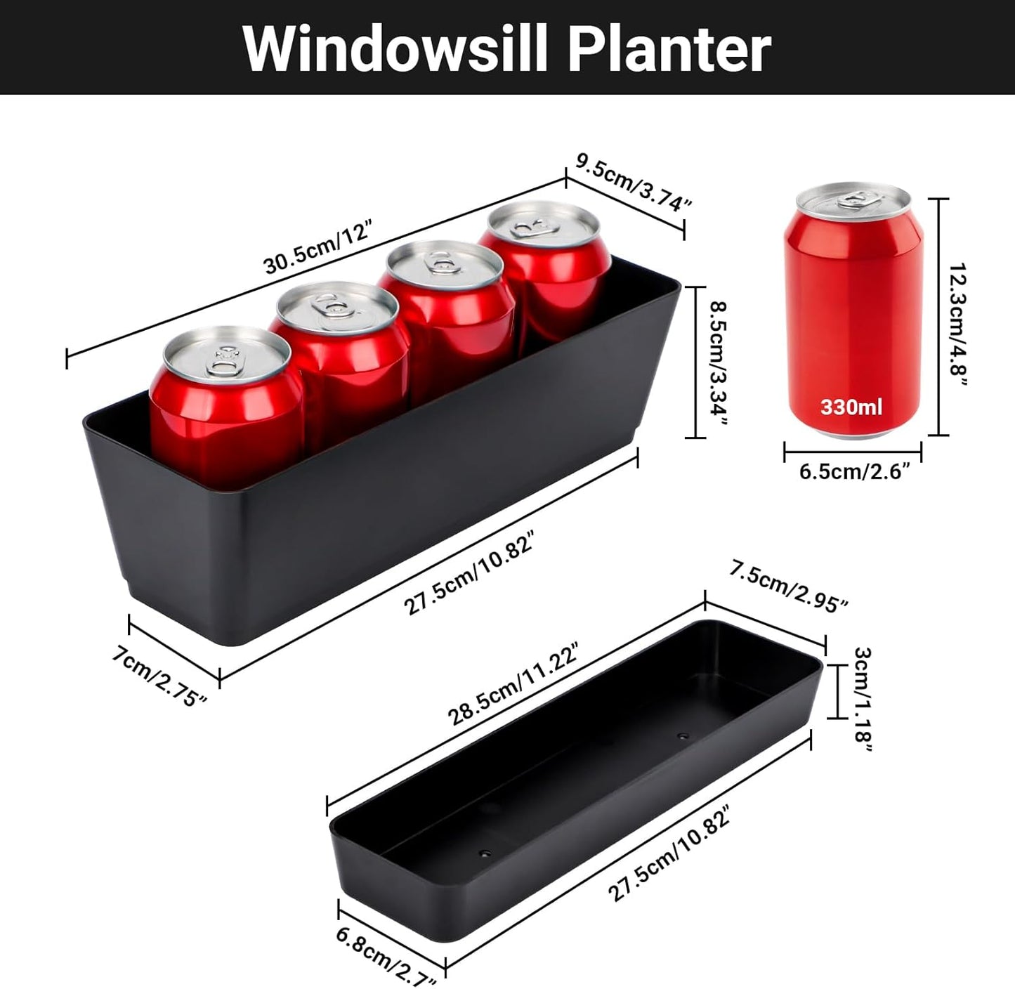 GREANER 12x3.8 Inch Herb Planters, 1 Pack Rectangle Window Boxes with Tray, Indoor Succulent Cactus Mint Plastic Pot for Windowsill, Balcony, Office, Outdoor Garden - Black