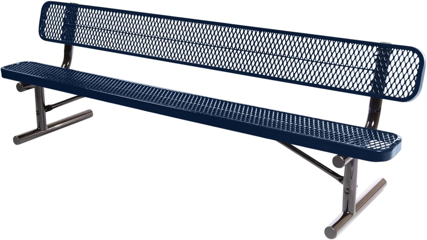 Heavy-Duty Portable Outdoor Bench Thermoplastic Coated, Expanded Metal, Commercial-Grade Seating, Made in America (Portable with Back, 8 Ft, Textured Dark Blue)