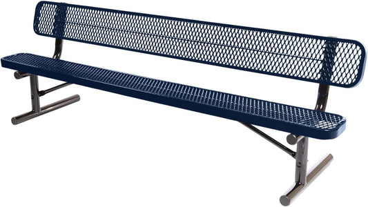 Heavy-Duty Portable Outdoor Bench Thermoplastic Coated, Expanded Metal, Commercial-Grade Seating, Made in America (Portable with Back, 8 Ft, Textured Dark Blue)