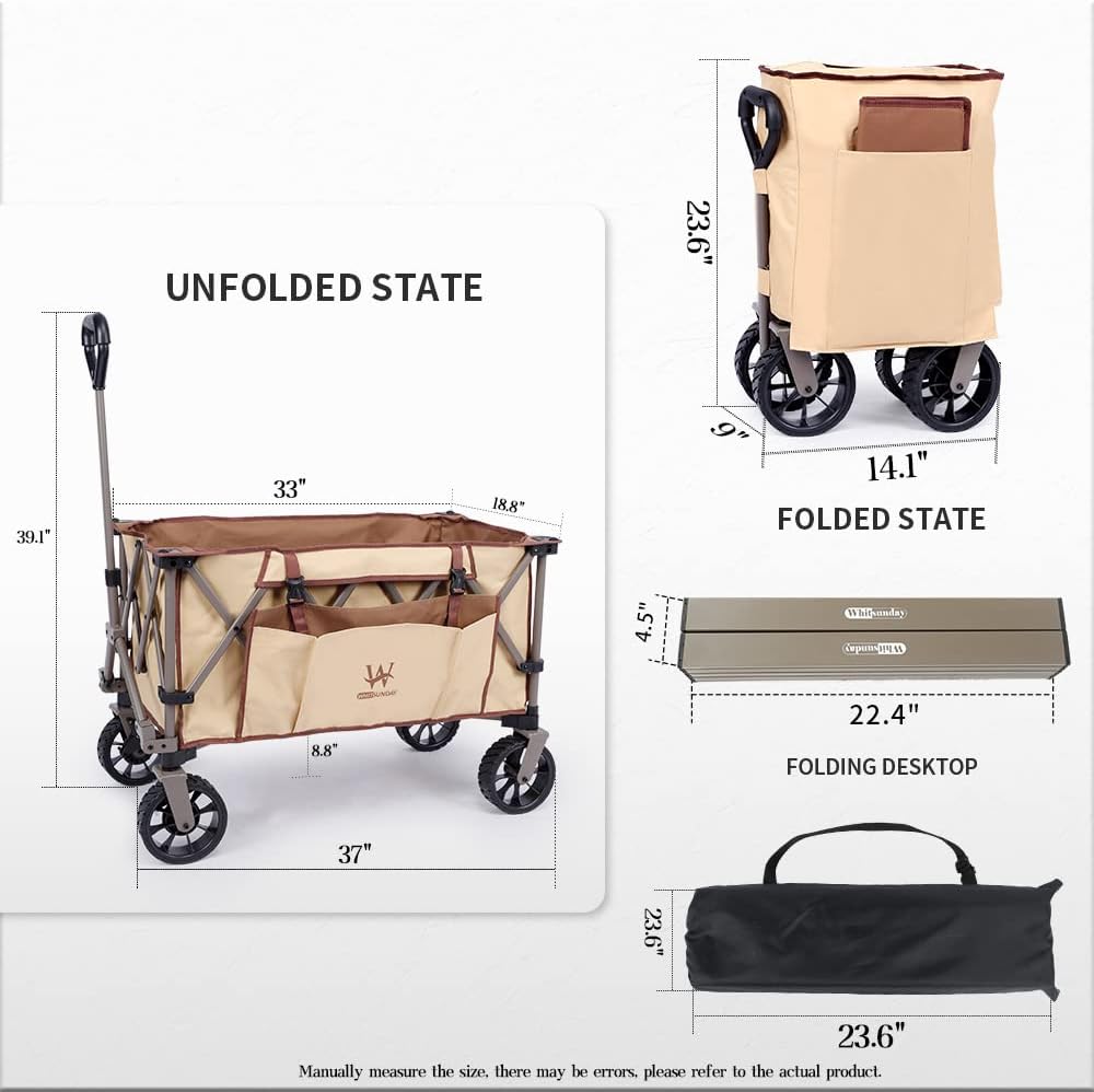 Whitsunday Folding Collapsible Wagon Cart, Beach Heavy Duty Wagon with Table,Utility Grocery Cart for Camping Sports Outdoor Shopping Park Khaki