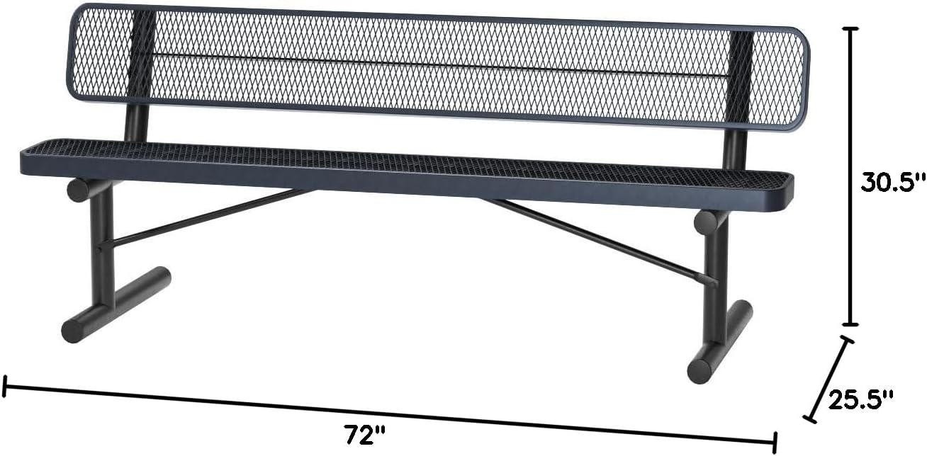 Coated Outdoor Furniture Heavy-Duty Portable Outdoor Bench Thermoplastic Coated, Expanded Metal, Commercial-Grade Seating, Made in America (Portable with Back, 6 Ft, Dark Blue)