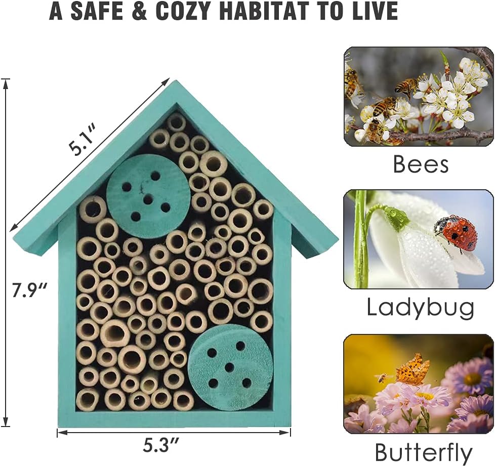 Mason Bee Houses Outdoor Wooden Blue Bee Hotel for Garden and Yard Hand-Made Bamboo Bee Hive for Bees Butterflies and Ladybugs, Medium Size 8"x7.5"x5"