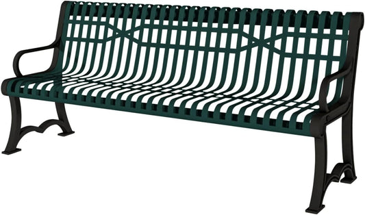 Coated Outdoor Furniture Heavy-Duty Outdoor Bench Thermoplastic Coated, Slatted Steel, Commercial-Grade Garden Bench, Made in America (Portable with Back, 4 Ft, Textured Green)