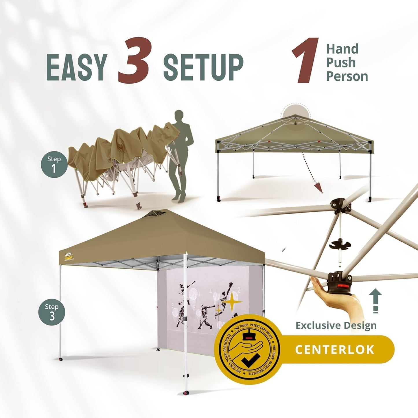 CROWN SHADES 10x10 Pop Up Canopy Tent with Game Netting - Beach Tent with One Push Setup - Outdoor Sun Shade for Events, Parties, Camping with STO-N-Go Cover Bag, Silver Coated Top, Khaki