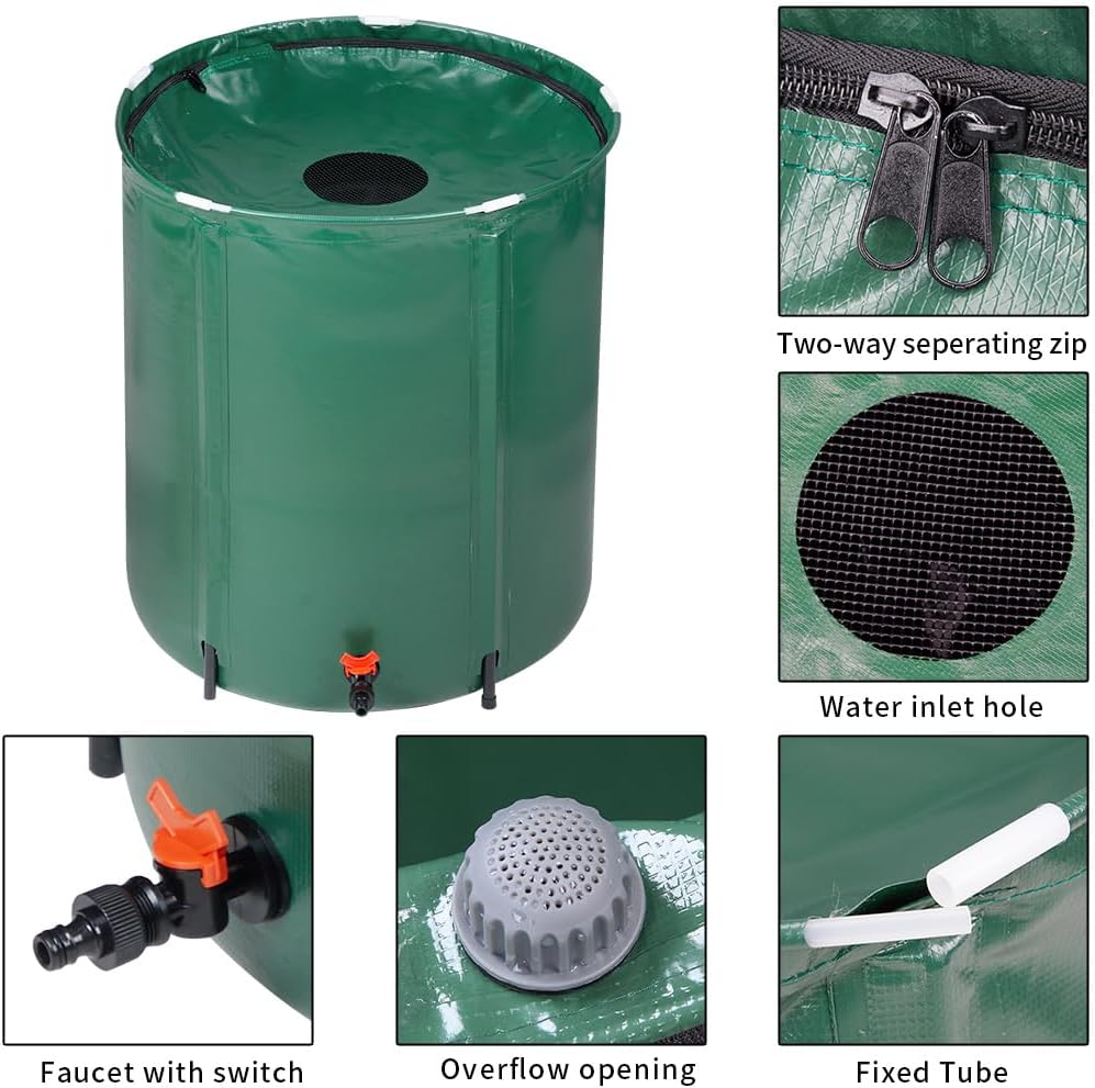 Collapsible Rain Barrel, 50 Gallon Portable Rainwater Collection System, Water Storage Tank, Rain Catcher Barrel with Spigots and Overflow Kit, Rain Water Barrel Collector for Garden, Green