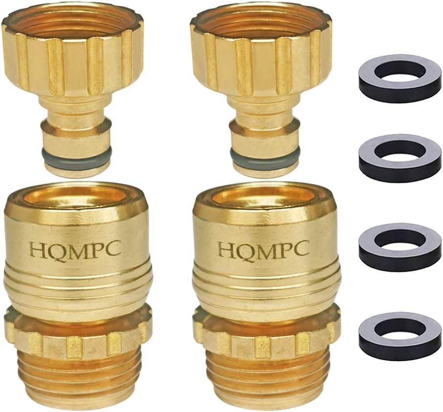 HQMPC Garden Hose Quick Connect No Pb Solid Brass Quick Connector Garden Hose Fitting Water Hose Connectors 3/4 inch GHT (2 Sets)