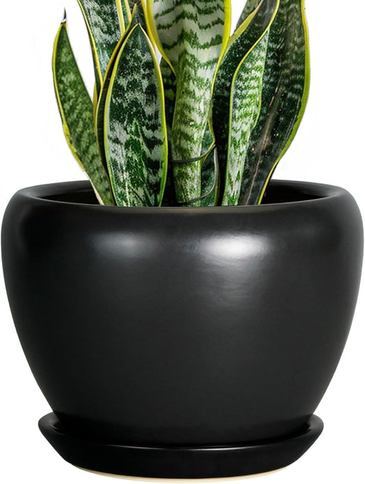 Ceramic Planter Pot - 8 Inch Plant Pot with Drainage Hole and Saucer Round Planter for Indoor Plants Modern Outdoor Flower Pot for House Balcony Black