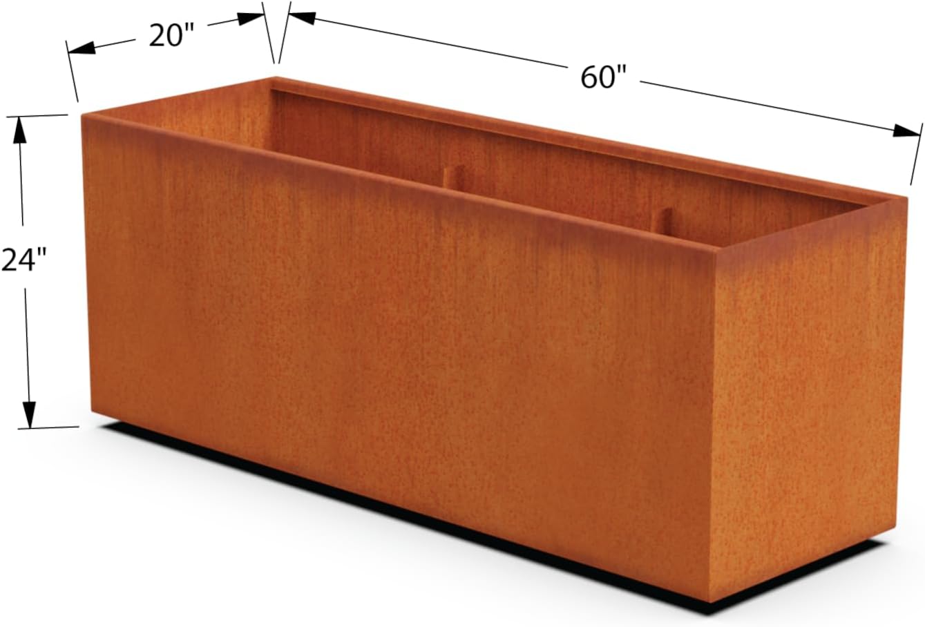 Large Rectangular Planters for Outdoor Plants | 60x20x24 Corten Steel Planter | Extra Large Outdoor Planter Box for Patios, Decks & Commercial Spaces | Fully Assembled
