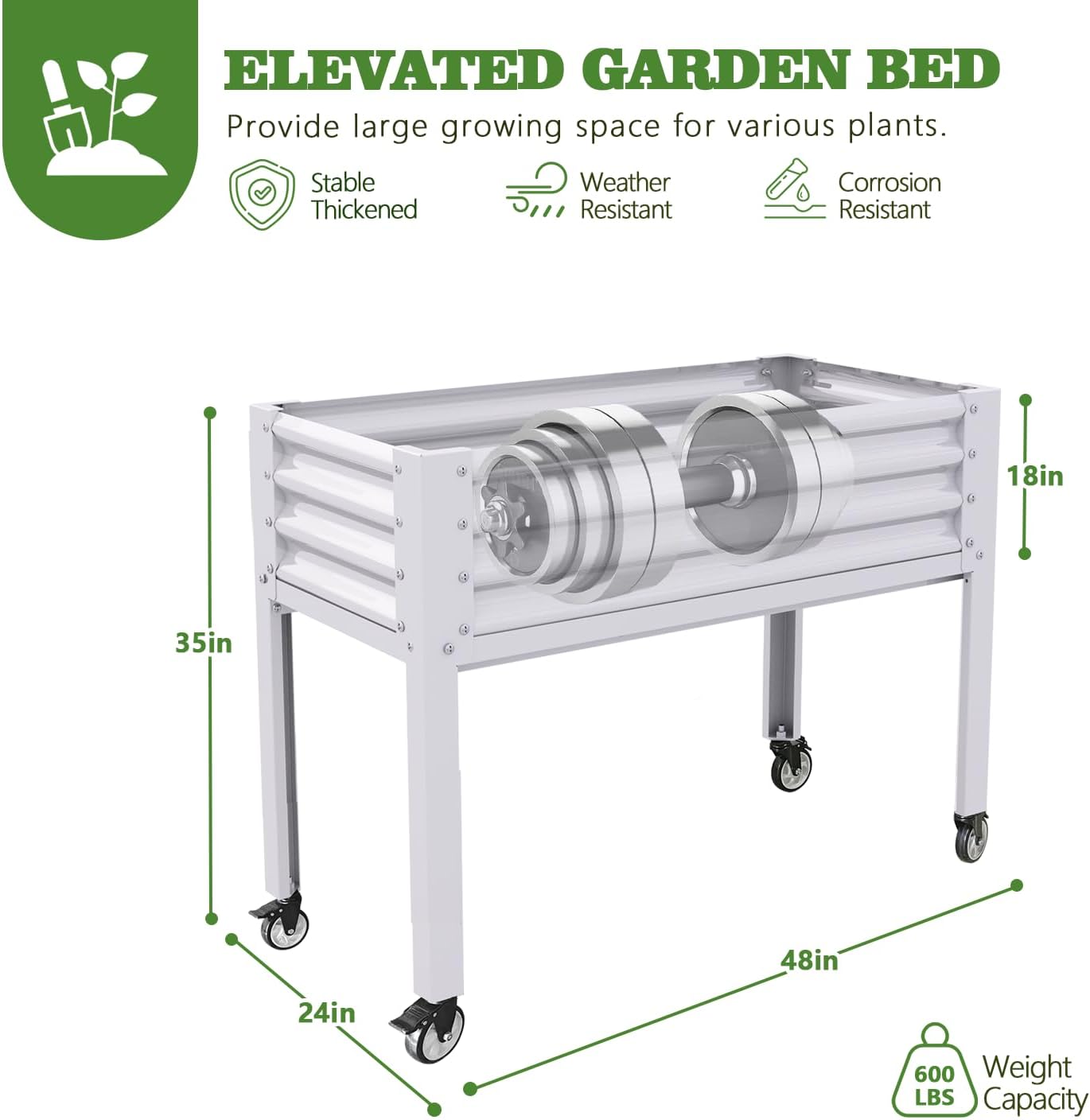 A ANLEOLIFE 2-Set Galvanized Raised Garden Bed with Legs,48x24x35in Large Elevated Planter Box on Wheels with Drainage Holes for Backyard, Balcony, Patio, 600lb Capacity, Antique White