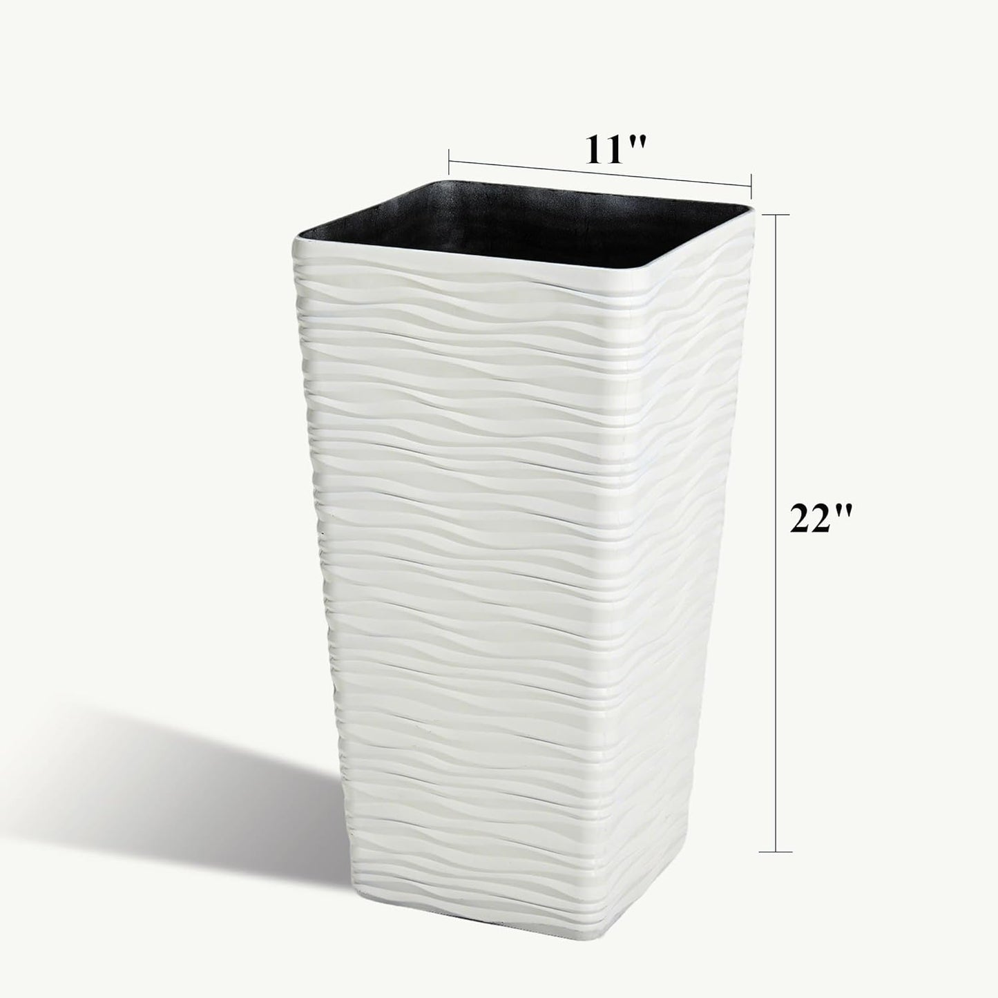 Worth Garden 22" Tall Planters Set of 2 - Plastic White Square Plant Pots - Modern Big Tapered Matte Wavy Tree Flower Pot for Indoor Outdoor Porch Deck