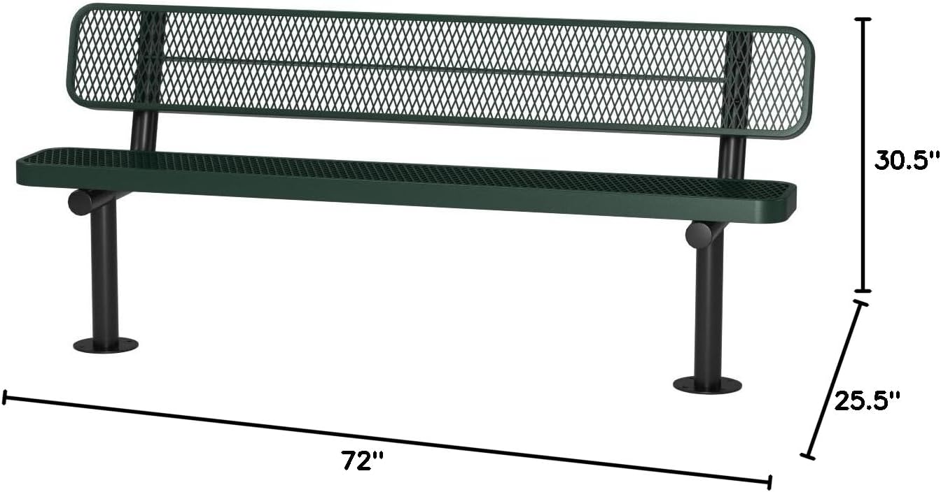 Coated Outdoor Furniture Heavy-Duty Outdoor Bench Thermoplastic Coated, Expanded Metal, Commercial-Grade Seating, Made in America (Surface with Back, 6 Ft, Green)