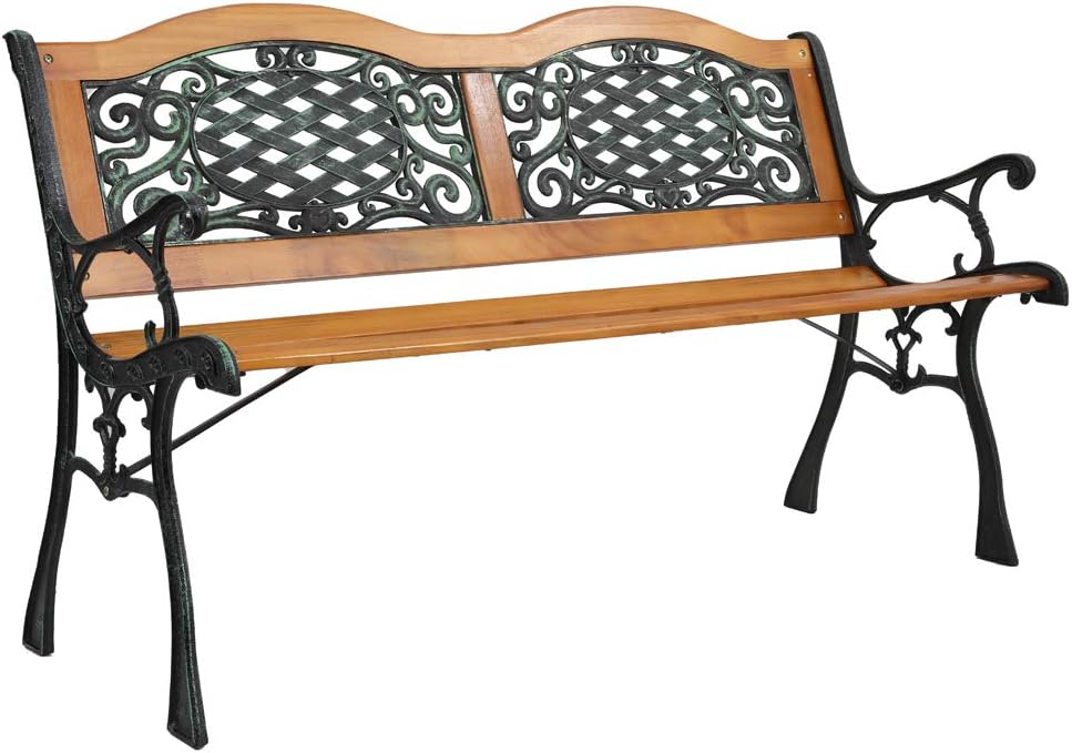 Outvita 49.5in Garden Bench, Patio Wood Love Seat with Metal Armrest Retro Style for Patio Porch Deck Yard Lawn Poolside(Classical)