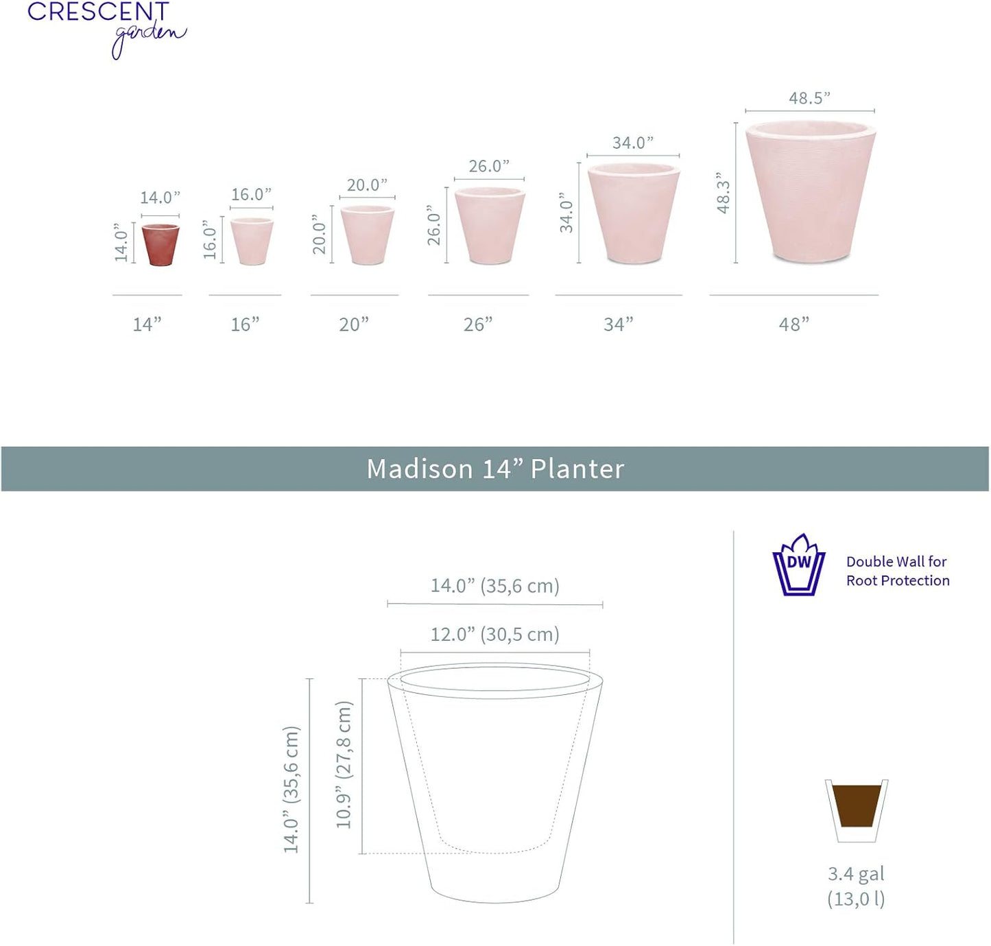 Crescent Garden Madison Planter– Weather-Resistant, Double Walled Indoor/Outdoor Plant Pot with Drain Hole – Durable All-Season Flower Container, 14" W (Slate)