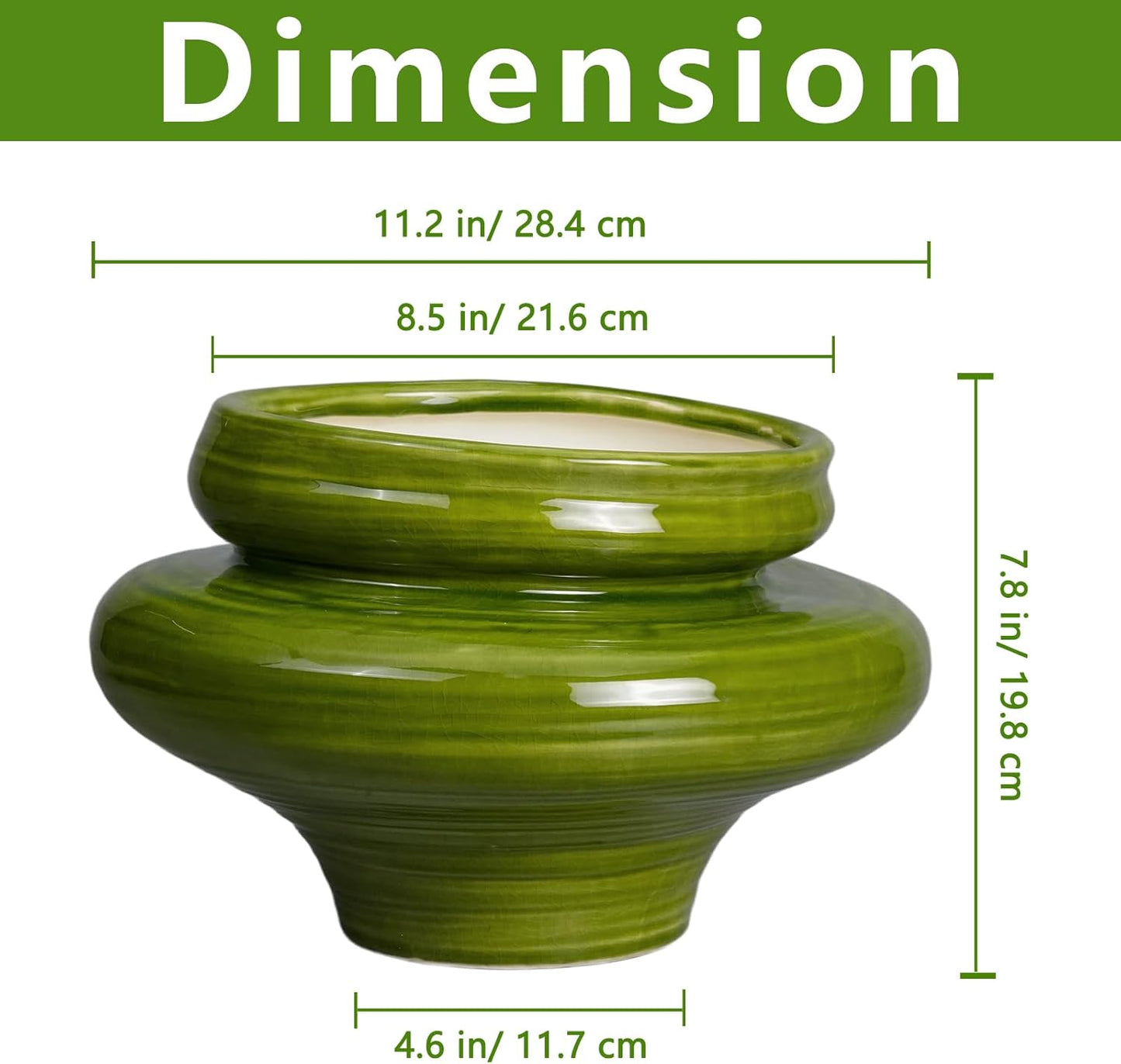 Ceramic Planters for Indoor Plants 11 Inch - Bonsai Plant Pots Outdoor, Large Planters for Indoor Plants, Green Planter with Drainage Hole, Flower Pot for Garden Decor, Gift for Women Men