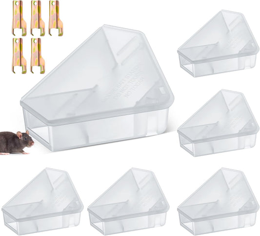Qualirey 6 Pcs Mice Station with Key Triangle Bait Station Reusable Rodent Trap Bait Box, Keeps Children and Pets Safe Indoor & Outdoor, Bait Not Included, Suitable for Small Mice (Translucent)