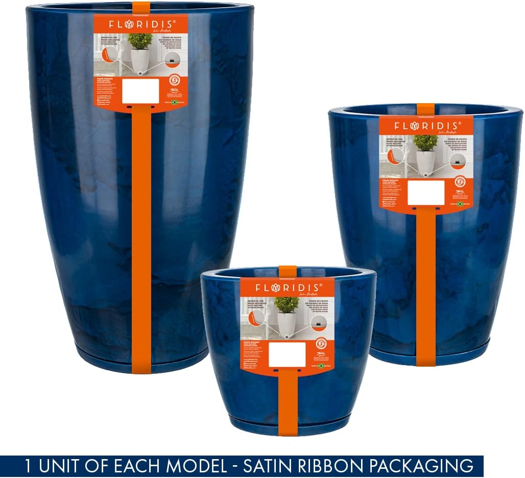 Floridis Planter, Set of 3, Outdoor/Indoor, Plastic Resin (Blue - Marble Effect)