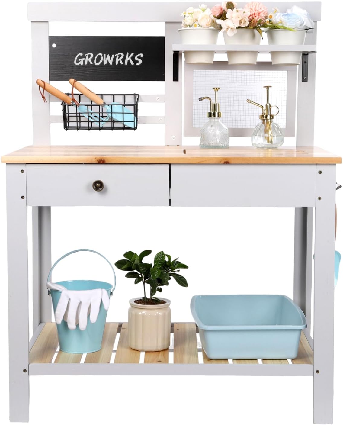 Potting Bench Outdoor Potting Table—All-Weather Kids Solid Wood Garden Work Station with Sink、Drawer、Hooks、3Flower Pots, Weather Proof （White Grey, Large）
