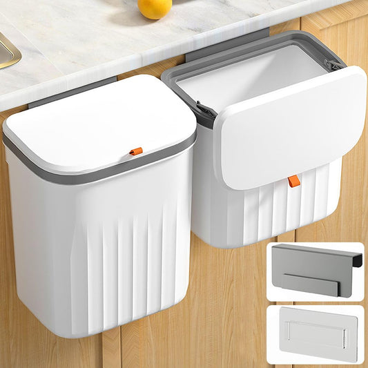 3.3+2.6 Gallon Kitchen Compost Bin for Counter Top or Under Sink, 2-in-1 Combo Pack Kitchen Hanging Trash Can Set with Lid, Plastic Wall-Mounted Garbage Can for Cupboard, Office