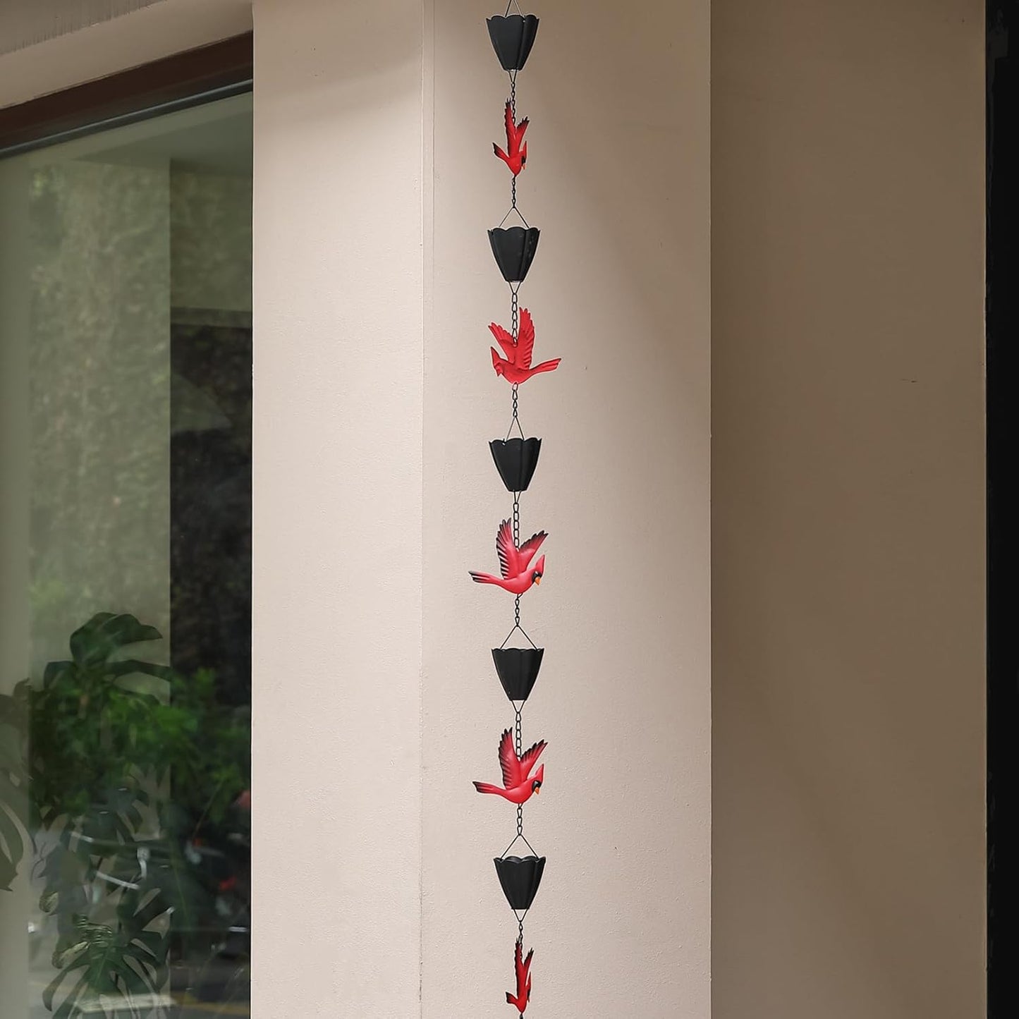 Cardinal Rain Chain, 8.5Ft Rain Chains for Gutters and Downspouts, Metal Decorative Rain Catcher Chain, Bird and Cup Rainwater Gutter Chimes for Outside, Outdoor Garden Decor