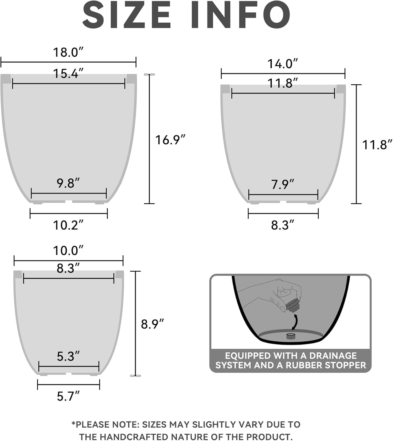 Kante 18",14",10" Dia Concrete Round Planters (Set of 3), Outdoor Indoor Large Planter Pots with Drainage Hole for Home Patio Garden, Pure White