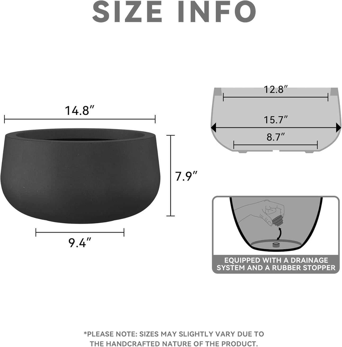 Kante 15.7" Dia Round Concrete Planter, Outdoor Indoor Garden Plant Pots with Drainage Hole and Rubber Plug, Modern Curvaceous Design, Black