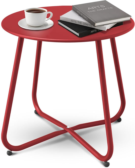 Patio Side Table Waterproof Round Metal Steel Weather Resistant Portable Outdoor and Indoor End Table for Garden Balcony Yard, Dark Red