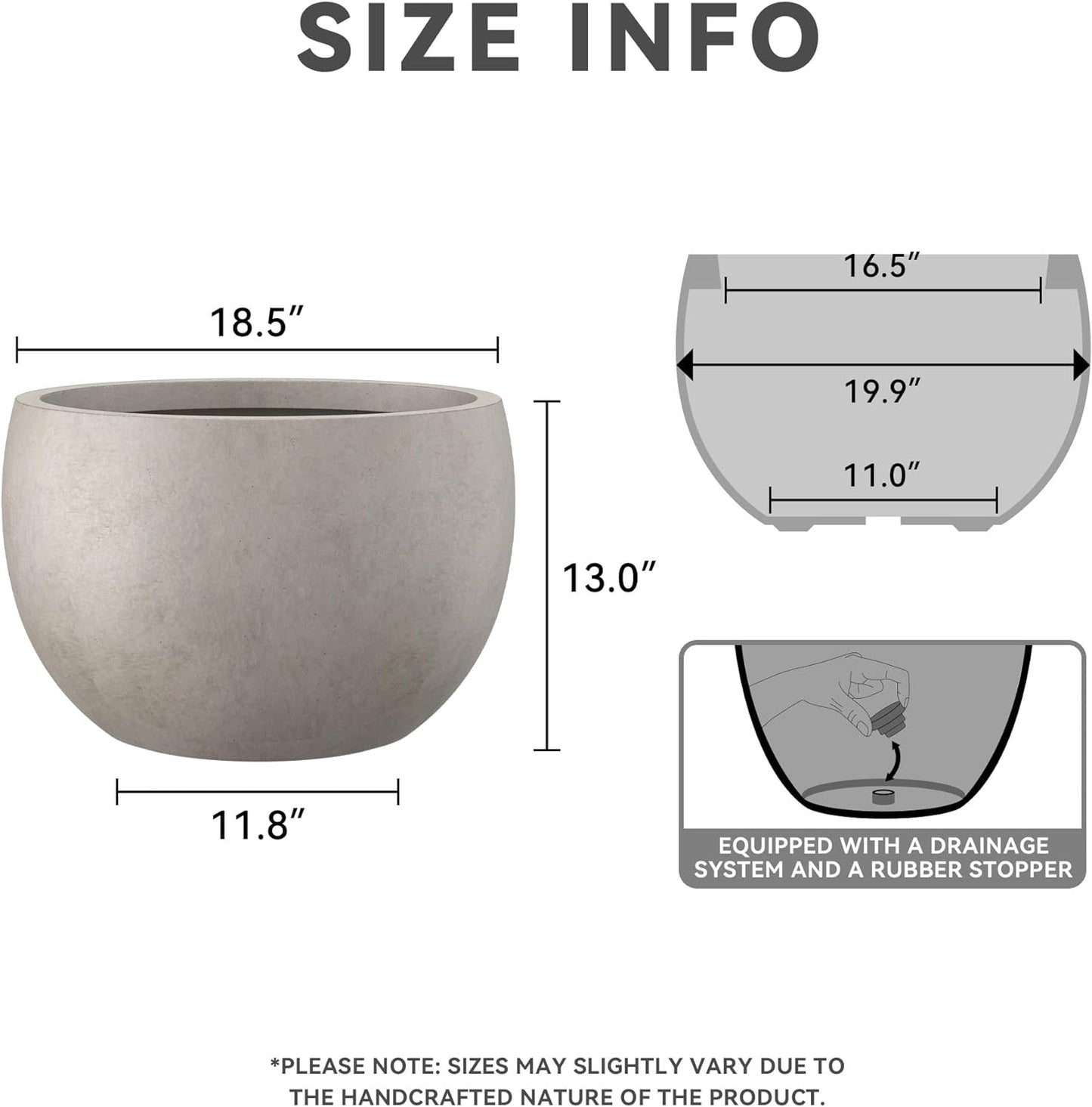 Kante 19.9" Dia Round Concrete Planter, Outdoor/Indoor Large Bowl Plant Pots with Drainage Hole and Rubber Plug for Garden Patio Balcony Home, Weathered Concrete