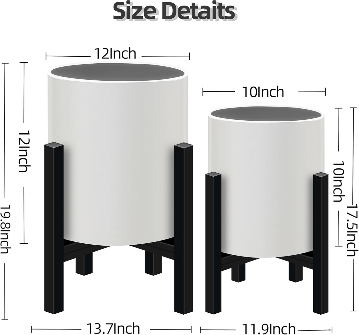 Plant Pot with Stands Set of 2, Mid Century Planters for Indoor Plants Modern Decorative Flower Pots for Balcony, Office, Living Room or Garden with Drainage Plug, 12 inch & 10 inch