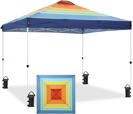 EAGLE PEAK Pop Up Canopy Tent with Wheeled Carry Bag, 8 Stakes, 4 Ropes, 4 Weight Bags, Easy Set Up Tent Canopy, 10x10 ft, 100sqft of Shade, Retro Stripe Multi