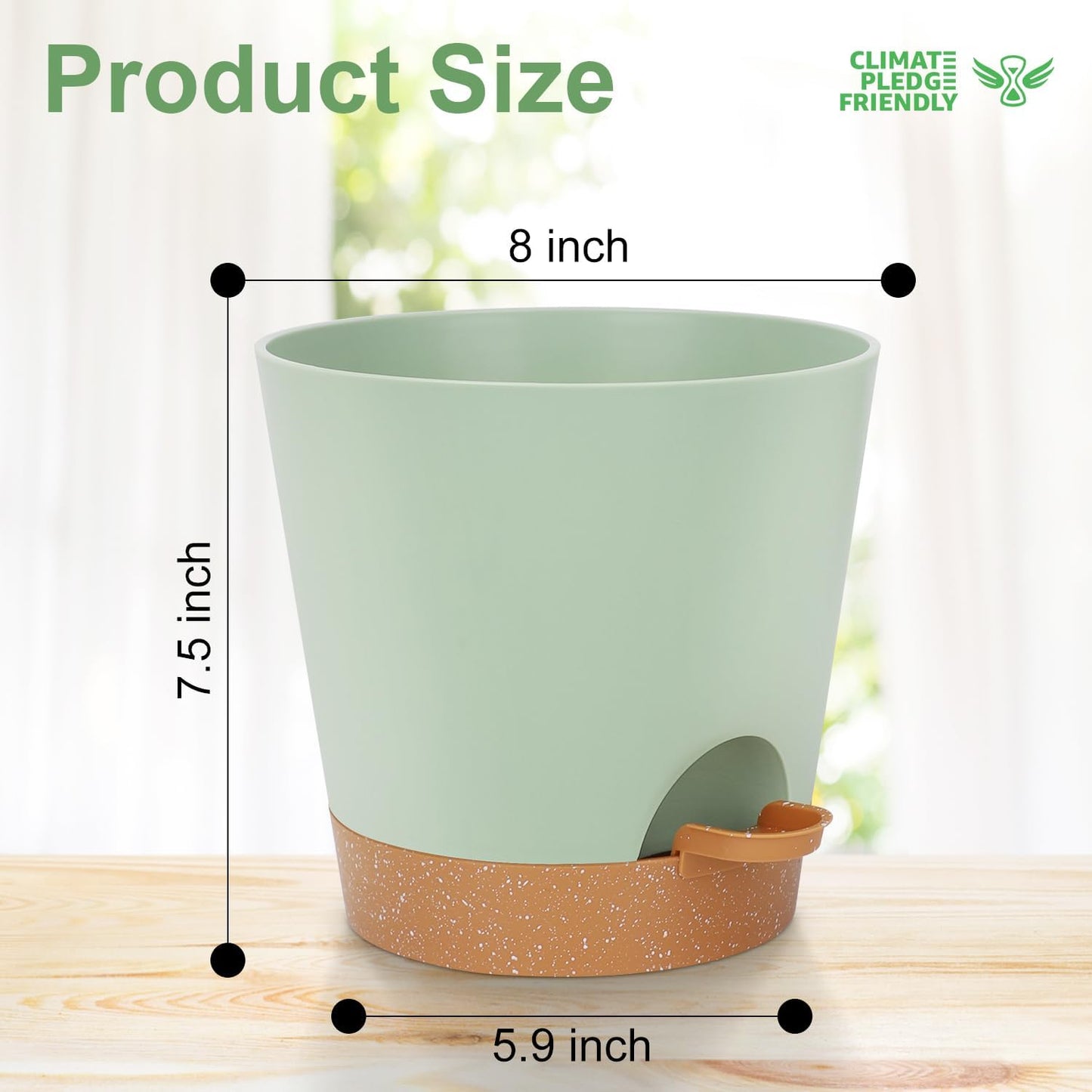 8-Inch Plant Pots, Self-Watering Planters with Drainage Holes & Saucers for Indoor and Outdoor Plants (2-Pack, Green)