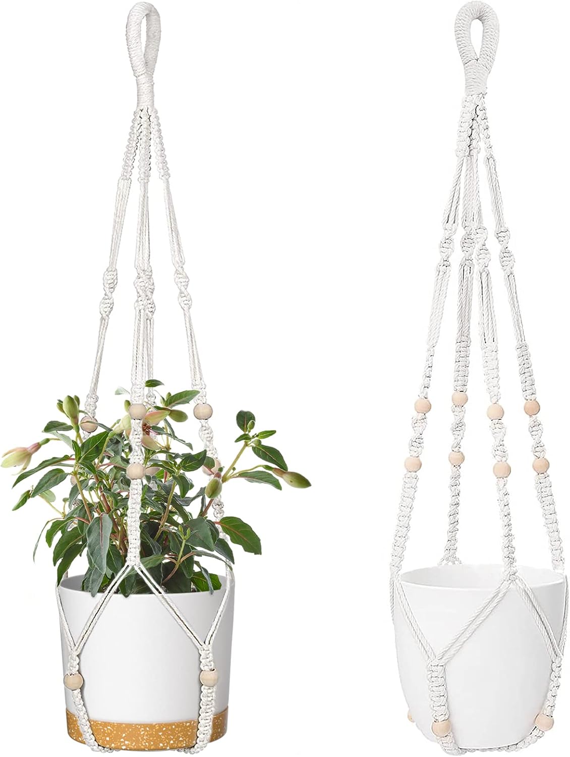 ZMTECH 2 Pack 35 Inch Macrame Plant Hanger (Ivory) Indoor Hanging Planter Basket with Wood Beads Decorative Flower Pot Holder for Indoor Outdoor Boho Home Decor
