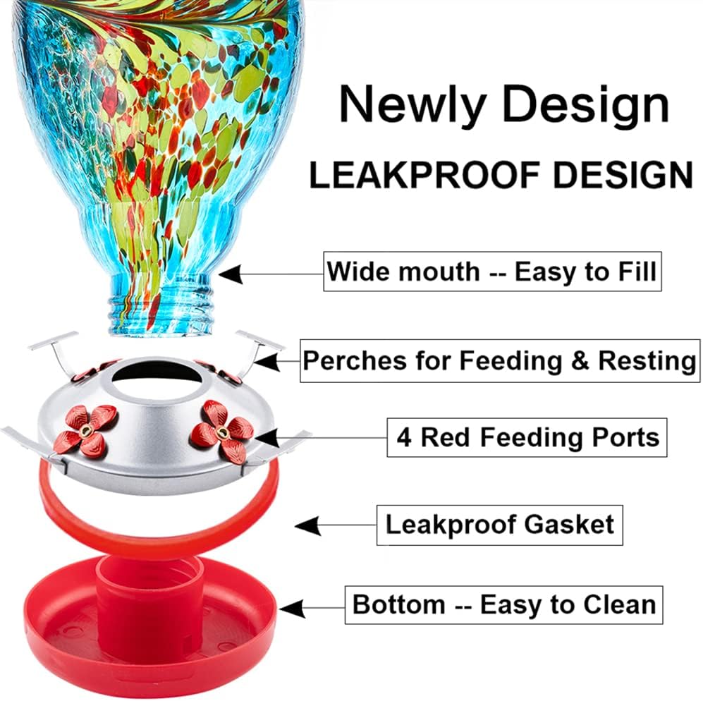 WOSIBO Hummingbird Feeder for Outdoors Patio Large 32 Ounces Colorful Hand Blown Glass Hummingbird Feeder with Ant Moat Hanging Hook, Rope, Brush and Service Card (Blue)