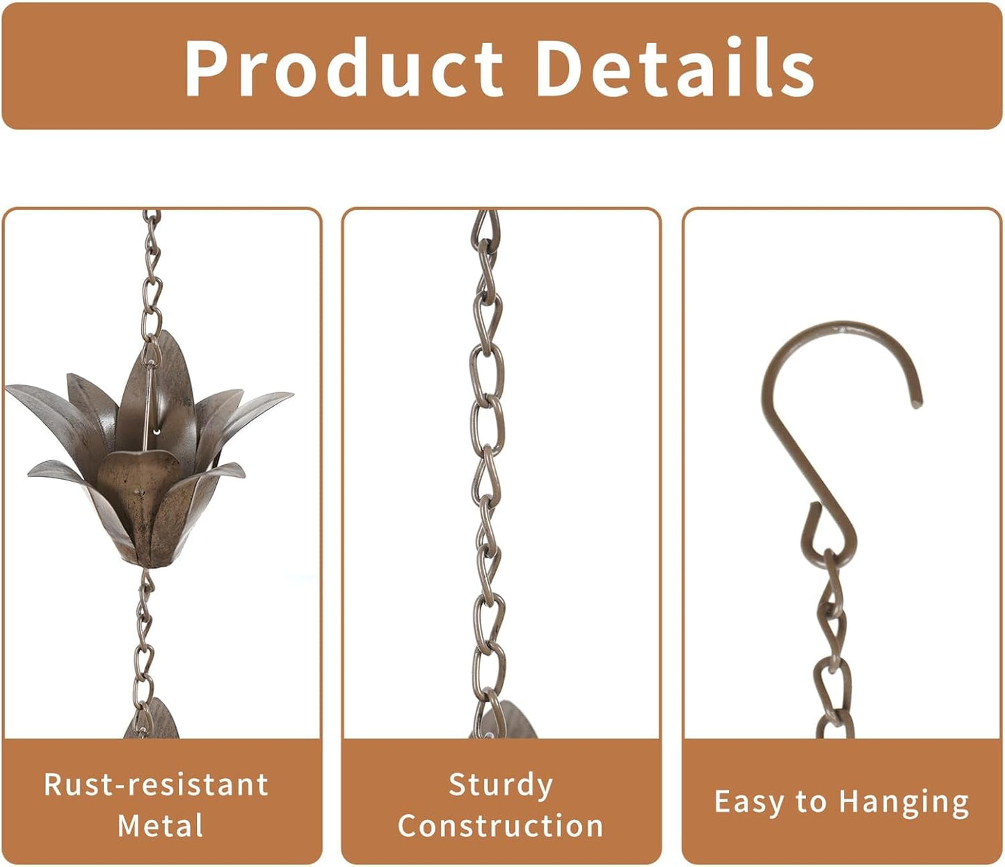 DUSVALLY Rain Chain, 7.88 FT Metal Flower Rain Chain, Functional and Decorative Replacement for Gutter Downspouts, Adjustable, Antique Silver