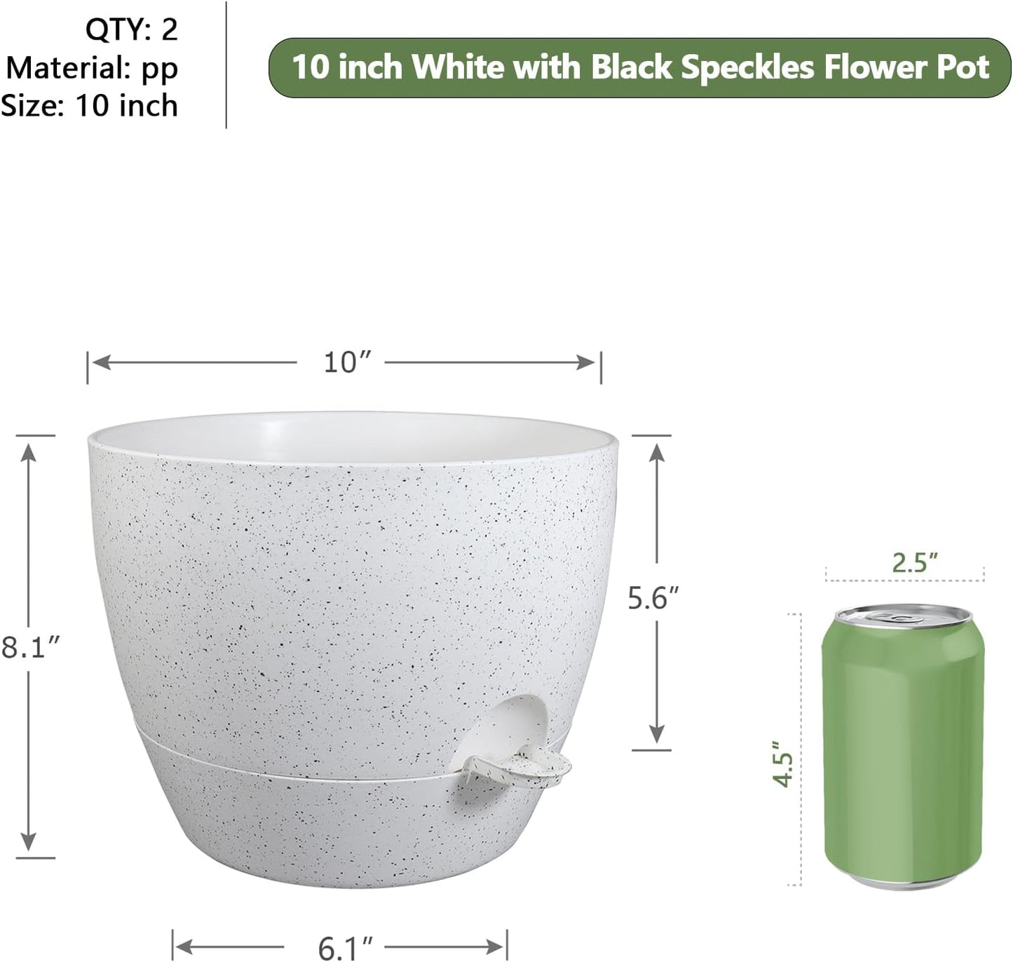 10 inch Self Watering Pots, Planter, Plant Pots with Mesh Drainage Holes for Indoor Outdoor House Plants and Garden, Set of 2 Plastic Flower Pots with Deep Reservoir, Speckled White
