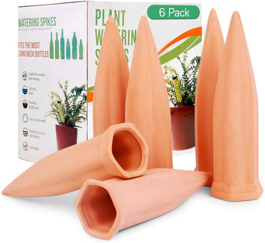 REMIAWY Plant Watering Stakes 6 Pack Automatic Plant Waterers for Vacations, Terracotta Self Watering Spikes for Wine Bottles Indoor & Outdoor Plants