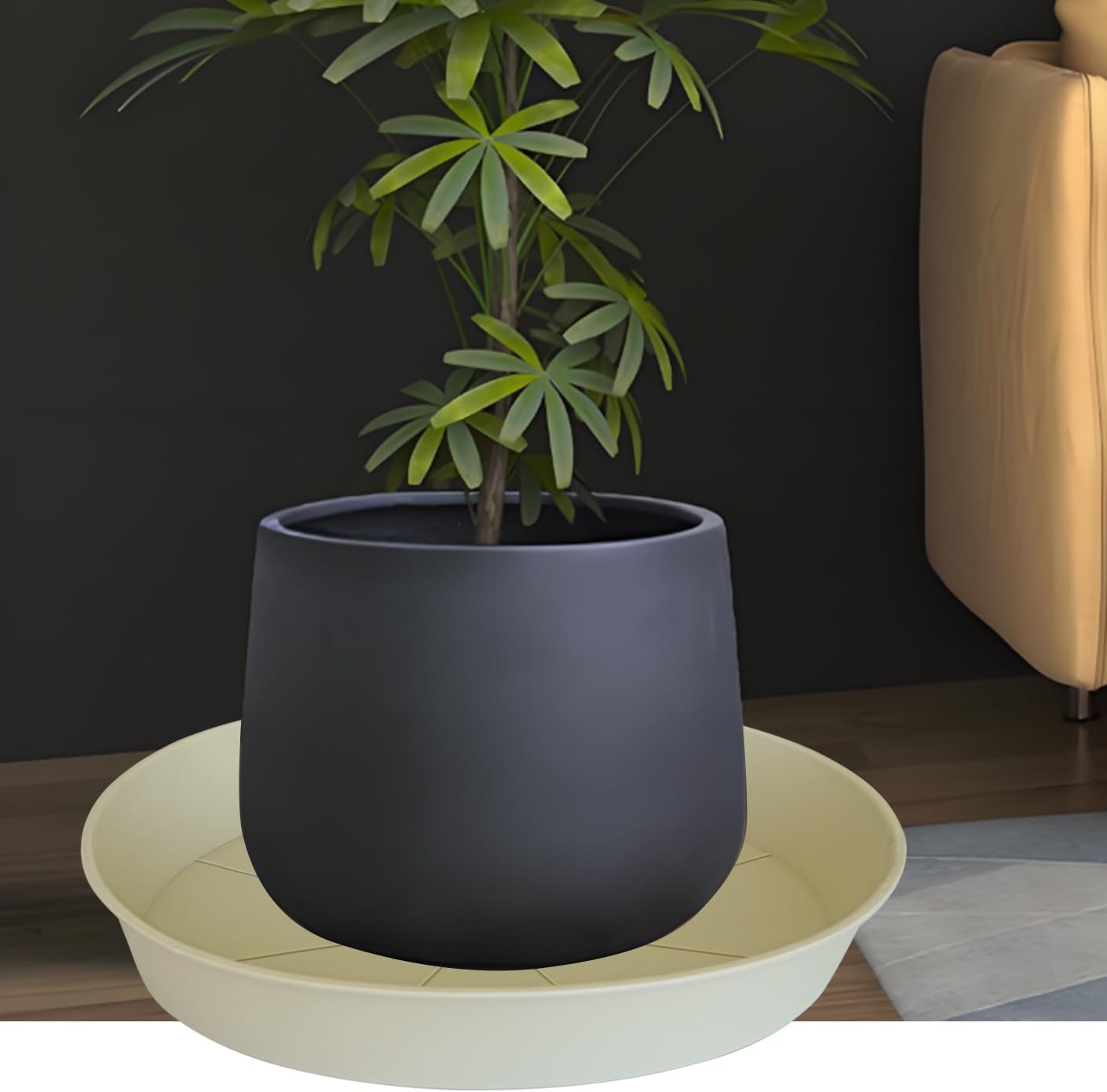 2 Pack of 18 19 inch Plant Saucer Drip Tray (16.6 inch Base), Heavy Duty Deep Plant Saucers for Pots, Plastic Flower Planter Water Trays for Indoors Outdoor (19", Beige)