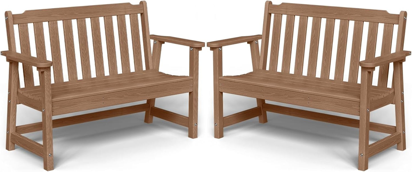 Outdoor Bench, 2-Person HDPE Garden Bench, All Weather Poly Patio Bench for Outdoors, Garden, Backyard, Porch and Park, 660 lbs Weight Capacity, Teak, 2 Pack