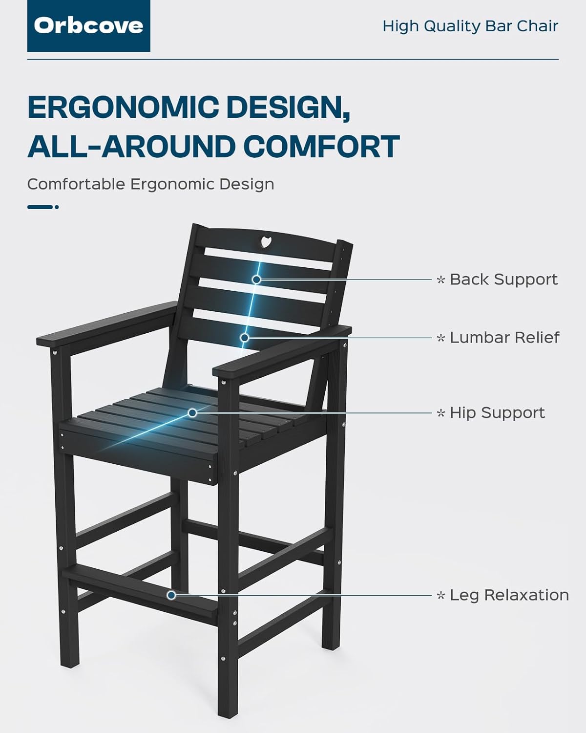 Tall Adirondack Chairs Set of 2, HDPE Wood Balcony Adirondack Chairs Set with Heart Cutout Design, Weather-Resistant Bar Height Furniture for Deck, Porch, Pool (Black)